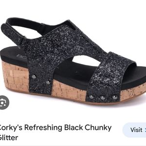 Corkys Refreshing wedge sandal size 10 black glitter sparkle